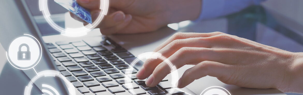 Secure online payment with credit card on internet shop e-commerce technology, concept with icons and person paying on computer website in background