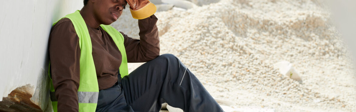 Young tired black woman in workwear sitting on the ground by huge marble rock